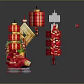 Traditional Chinese Spring Festival Decor With Red Lanterns Fu Characters Potted Plants And Red Boxes
