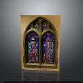 Architectural Structure Featuring Arched Stained Glass Windows With Religious Figure Designs