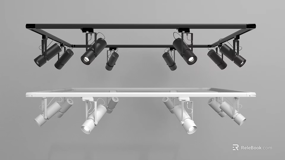 Black and White Track Mounted Downlights and Spotlights with Multiple Heads for Home Commercial Lighting 3d model 