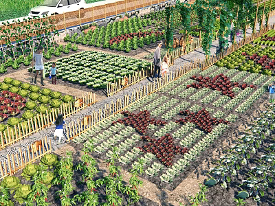 Well Designed Garden Landscape With Neatly Arranged Plant Beds Various Plants And Wooden Fences 3d model