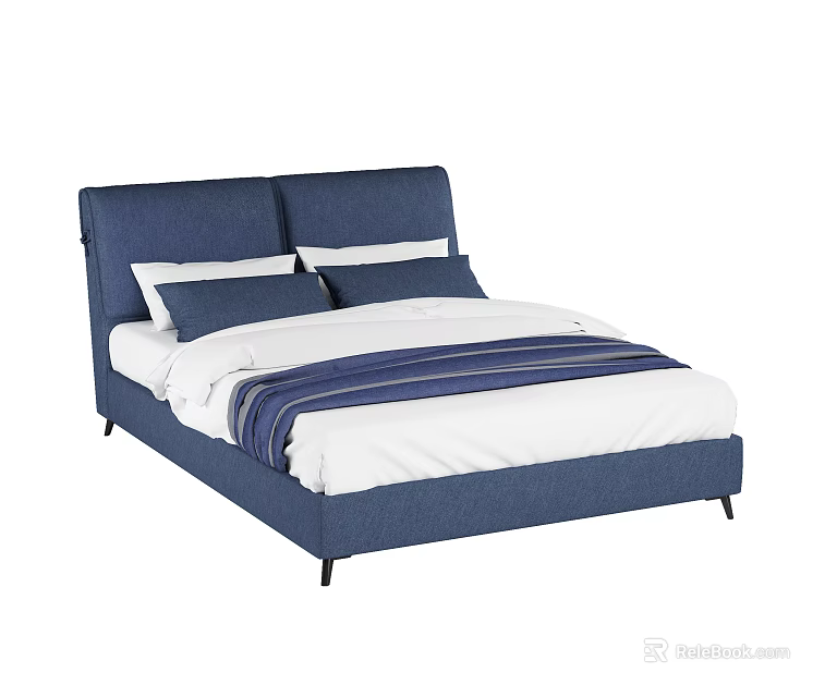 Modern Double Bed With Blue Upholstered Headboard White Sheets And Striped Comforter 3d model