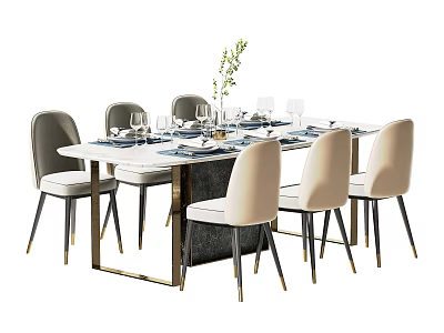 Elegant Modern Dining Table Set with Six Upholstered Chairs Marble Top and Metal Frame 3d model
