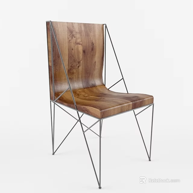 Modern Office Chair With Wooden Seat Backrest And Sturdy Metal Frame Design 3d model 