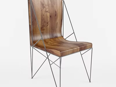 Modern Office Chair With Wooden Seat Backrest And Sturdy Metal Frame Design 3d model