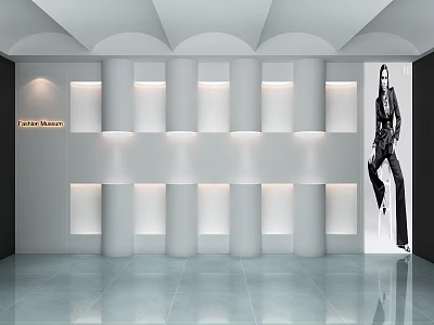 Exhibition Hall With White Walls Cylindrical Display Columns Lighting And Model Poster 3d model