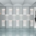 Exhibition Hall With White Walls Cylindrical Display Columns Lighting And Model Poster