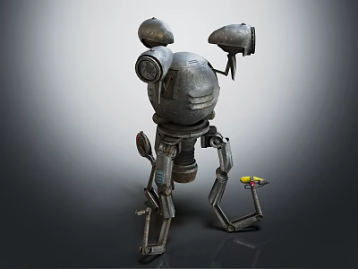 Mechanical Robot Character With Metallic Body Head Components Legs And Small Tool 3d model