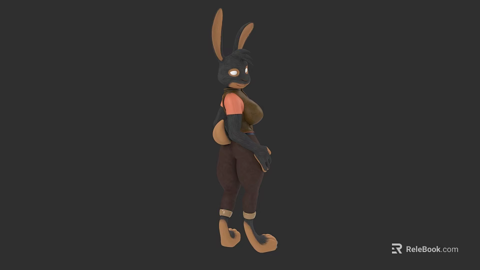 3D Rabbit Character With Long Ears Orange Eyes Pink Inner Ears Brown Pants Ankle Straps 3d model 