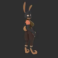 3D Rabbit Character With Long Ears Orange Eyes Pink Inner Ears Brown Pants Ankle Straps