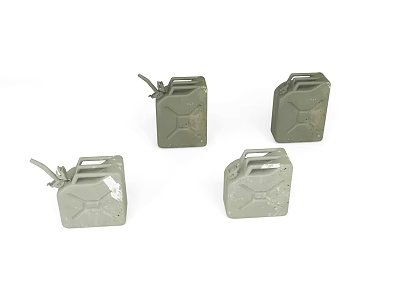 Four Green Metal Jerry Cans With Handles And Spouts For Liquid Storage 3d model