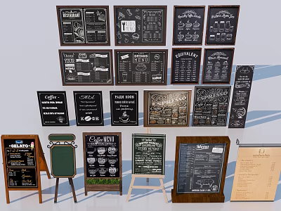 Various Commercial Blackboard Menu Boards With Wall Mounted And Standing Wooden Frames 3d model