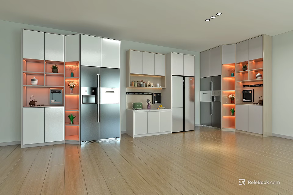 Contemporary Kitchen Interior Featuring White Wine Cabinet With LED Lighting And Storage Design 3d model 