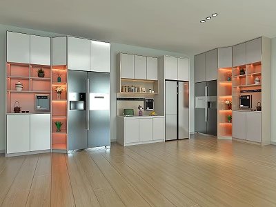 Contemporary Kitchen Interior Featuring White Wine Cabinet With LED Lighting And Storage Design 3d model