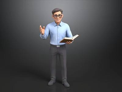 Man Wearing Glasses Blue Shirt Gray Pants Holding Open Book With Right Hand Gesturing 3d model