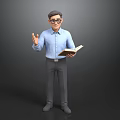 Man Wearing Glasses Blue Shirt Gray Pants Holding Open Book With Right Hand Gesturing