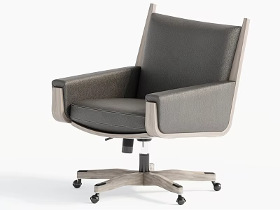Modern Gray Leather Office Chair With Wooden Frame And Wheels 3d model