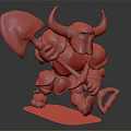 Horned Blue Armored Warrior Character Holding Giant Axe With Small Stones On Base