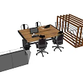Modern Wooden Desk With Laptop Documents Black Chairs Sofa And Shelf