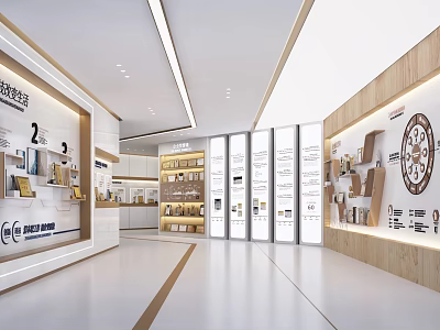 Modern Showroom Interior Design With Display Shelves Product Exhibits Lighting And Wall Decor 3d model