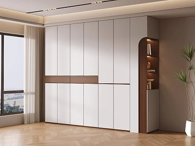 Modern Built in White Wardrobe with Brown Accents Wooden Floor Window and Plant 3d model