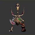 Decorative Skeleton Creature With Purple Banners Green Gem Axe And Red Cloth 3d model