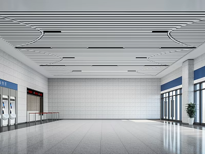 Spacious Station Hall Featuring White Walls Gray Floor Modern Ceiling Design Ticket Machines Glass Doors 3d model