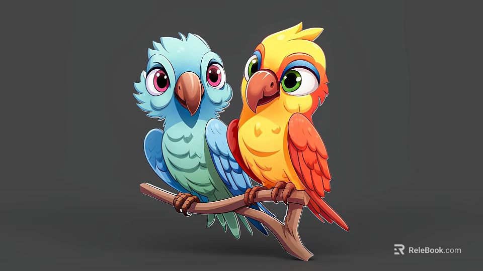 Two Colorful Cartoon Style Parrots With Blue And Yellow Orange Plumage Perched On Wooden Branch 3d model 
