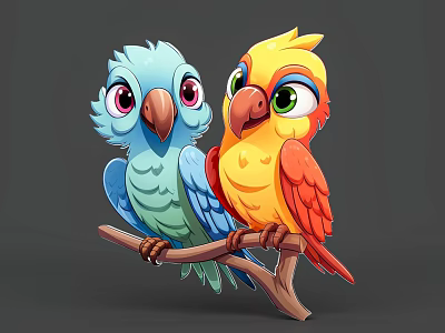 Two Colorful Cartoon Style Parrots With Blue And Yellow Orange Plumage Perched On Wooden Branch 3d model