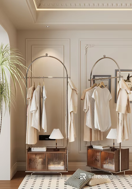 Arc Shaped Metal Coat Racks In Interior With Clothes Lamps Plants 3d model 