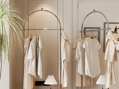 Arc Shaped Metal Coat Racks In Interior With Clothes Lamps Plants 3d model