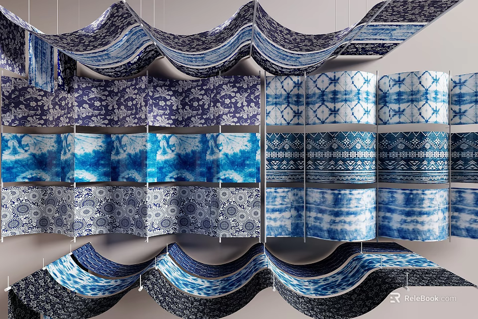 Decorative Blue and White Ceiling Drapery with Wavy Patterns and Tie Dye Designs 3d model