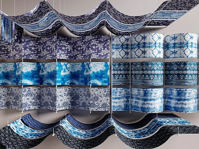 Decorative Blue and White Ceiling Drapery with Wavy Patterns and Tie Dye Designs 3d model