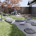 Japanese Zen Garden With Rockery Stones Moss Sand And Wooden Platform