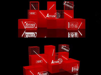 Red Stacked Cubes Installation with Future Action Text and Sports Icons 3d model