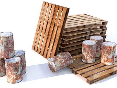 Public Facilities Storage Area Featuring Stacked Wooden Pallets And Rusty Metal Drums 3d model
