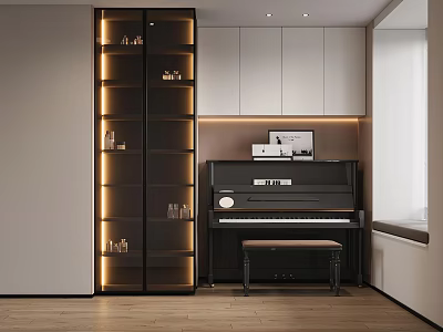 Modern Piano Room With Black Piano Lit Glass Display Cabinet White Cabinets And Wooden Flooring 3d model