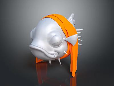 Silver Fish Head 3D Model With Orange Strap And Spikes On Metallic Reflective Surface 3d model