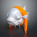 Silver Fish Head 3D Model With Orange Strap And Spikes On Metallic Reflective Surface 3d model