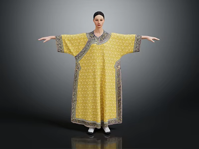 Elegant Chinese Traditional Yellow Robe With Intricate Patterns And Decorative Edges 3d model