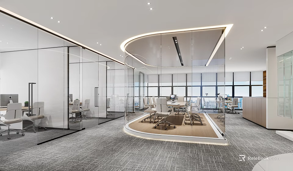 Modern Office Lounge Area With Glass Partitions Circular Design And Comfortable Seating 3d model 