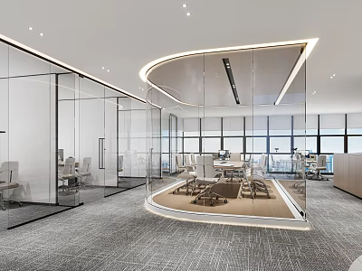 Modern Office Lounge Area With Glass Partitions Circular Design And Comfortable Seating 3d model