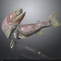 Silver and Pink Fish Statue with Open Mouth and Black Spots on Dark Background
