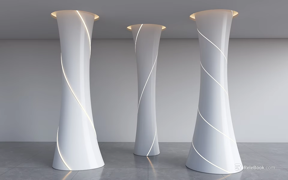 Three White Pillars with Spiral Lines and Illuminated Tops in Modern Minimalist Interior Setting 3d model 
