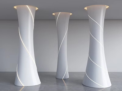 Three White Pillars with Spiral Lines and Illuminated Tops in Modern Minimalist Interior Setting 3d model