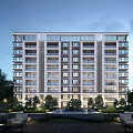 Modern High Rise Apartment Building With Garden Landscape Outdoor Seating And Pool