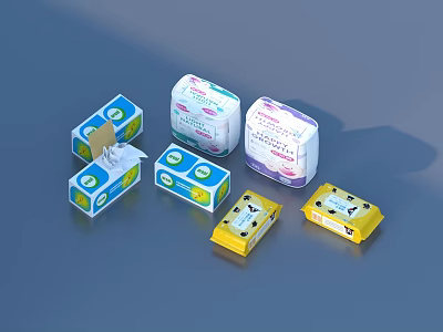 Various Packaged Household Products With Blue Yellow And White Containers For Daily Use 3d model