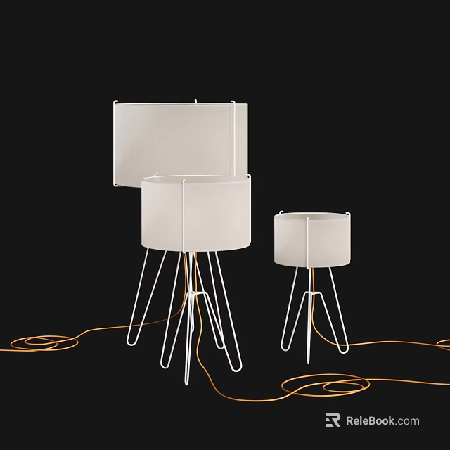 Modern Floor Lamps With Light Colored Shades And Metal Tripod Stands On Black Background 3d model 