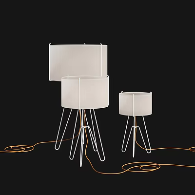 Modern Floor Lamps With Light Colored Shades And Metal Tripod Stands On Black Background 3d model