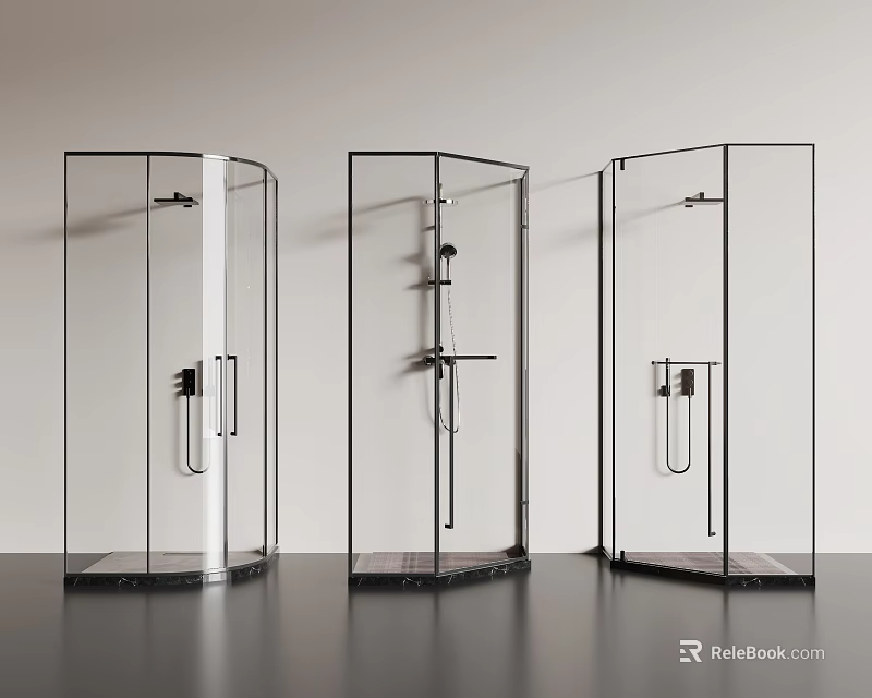 Modern Glass Shower Enclosure Systems Featuring Three Different Shower Head Designs 3d model