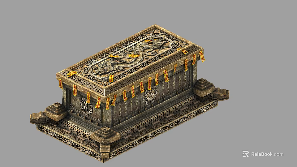 Elaborately Carved Ornamental Casket With Golden Tassels And Decorative Base 3d model 